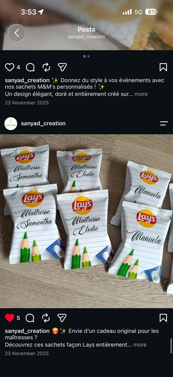 Sachets de chips avec prénoms de maîtresses et décor de crayons, publication SanYad