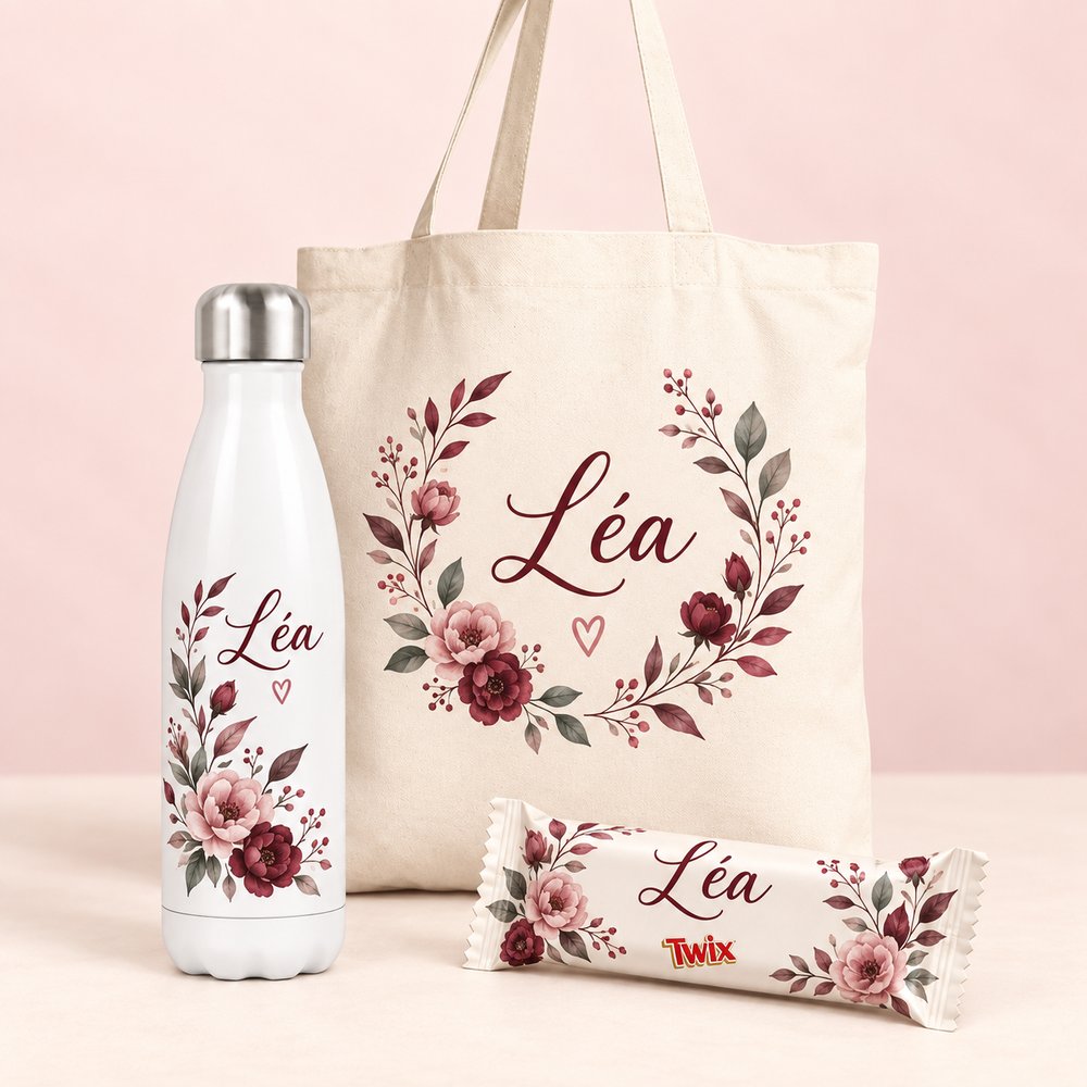 Box Mes essentiels : gourde, tote bag et gourmandise personnalisés — exemple de thème