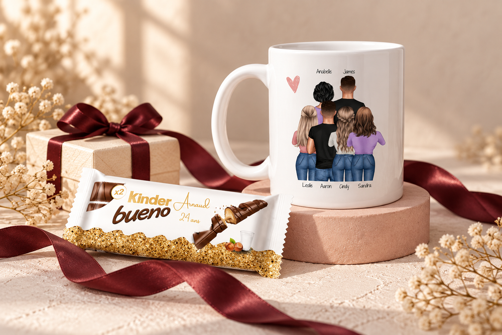 Mug famille et gourmandise personnalisée, mis en scène avec un ruban bordeaux